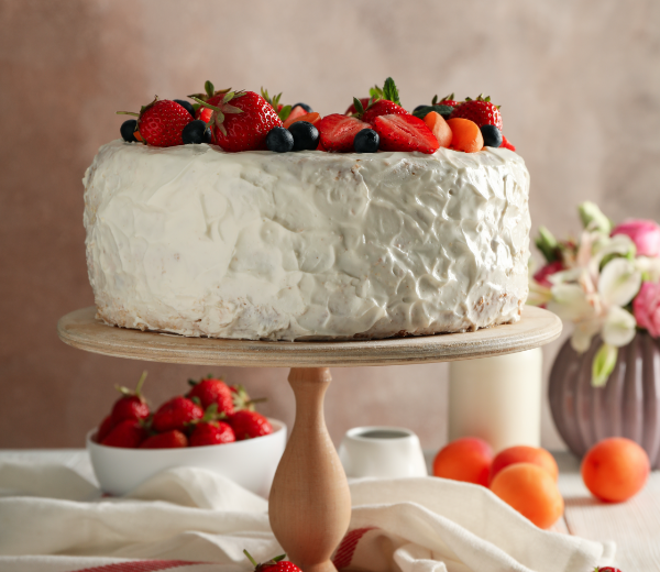 Gâteau aux fruits rouges Maison Gisèle décoré de fraises et myrtilles